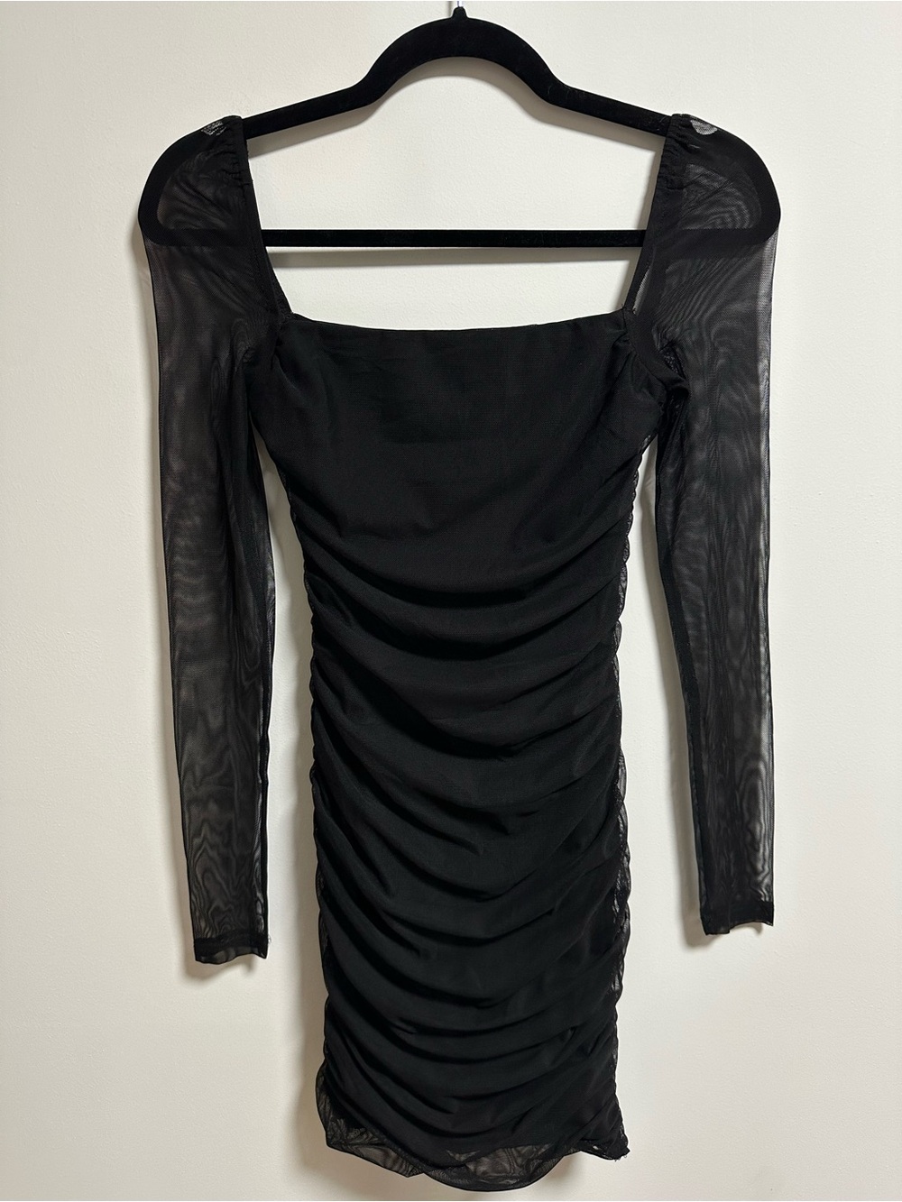 Princess Polly Black Ruched Mesh-Sleeve Square Neck Mini Dress